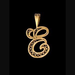 Saro 14k Solid Gold Letter E 22.7mm Filigree Open Pattern Pendant
